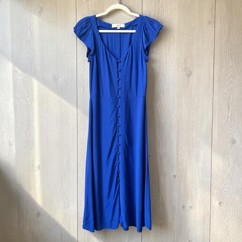 Loft Dress Women's Size Royal Blue Midi Button Front Classic Feminine Flutter